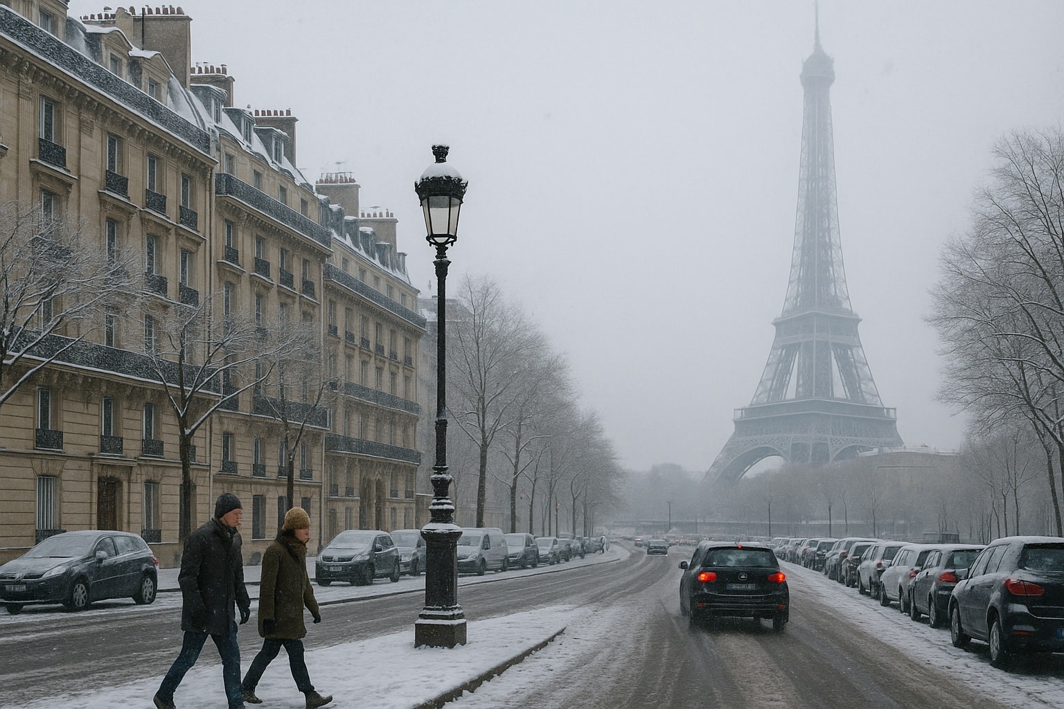 Rue parisienne enneigée avec un couple marchant au premier plan et la tour Eiffel voilée par les chutes de neige au fond.