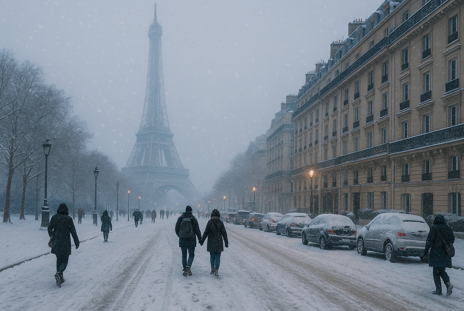 Vue d’une grande avenue parisienne enneigée menant vers la Tour Eiffel, avec passants emmitouflés, voitures couvertes de neige et lampadaires allumés.