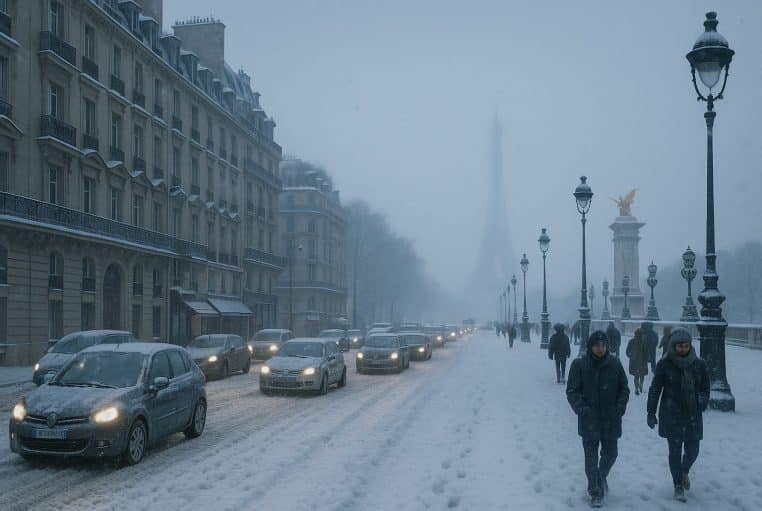 Scène matinale à Paris sous une neige dense : voitures au pas sur le pont Alexandre-III, passants emmitouflés, tour Eiffel voilée au loin.