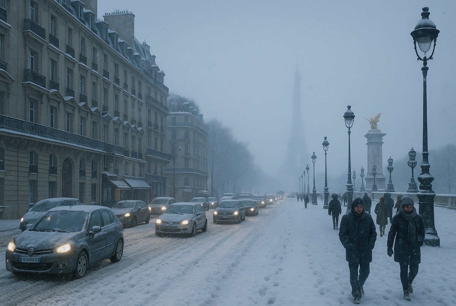 Scène matinale à Paris sous une neige dense : voitures au pas sur le pont Alexandre-III, passants emmitouflés, tour Eiffel voilée au loin.