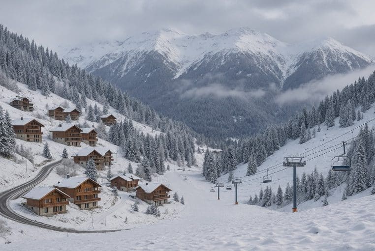Paysage réaliste des Pyrénées après les premiers flocons : chalets, sapins poudrés et télésiège sous ciel gris