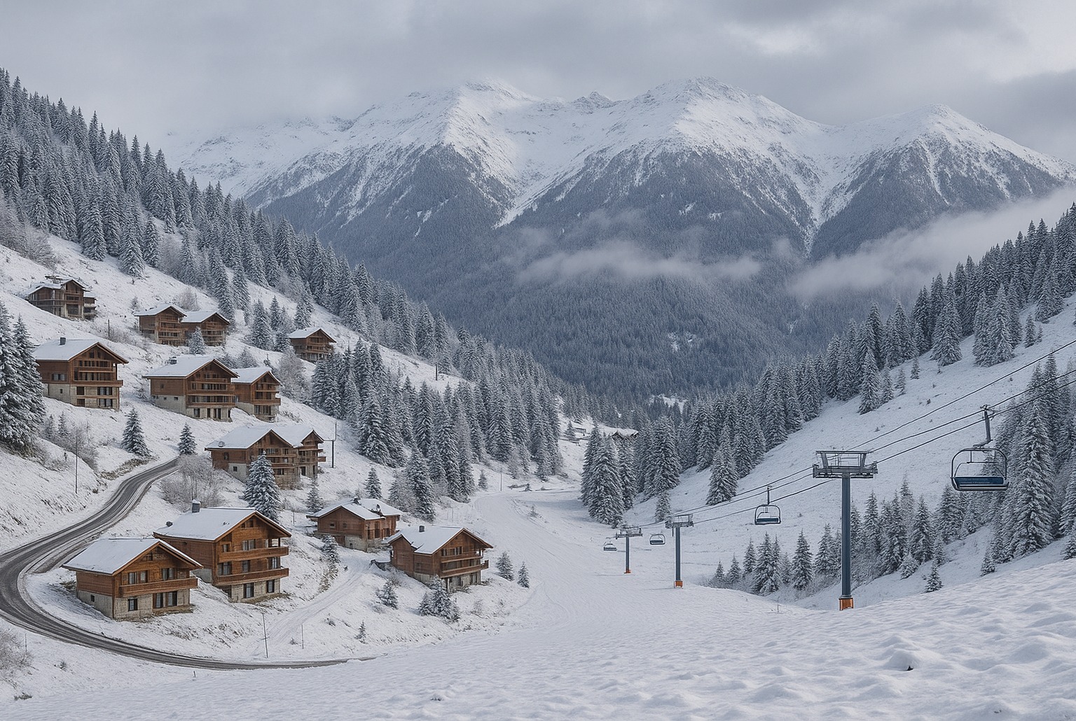 Paysage réaliste des Pyrénées après les premiers flocons : chalets, sapins poudrés et télésiège sous ciel gris