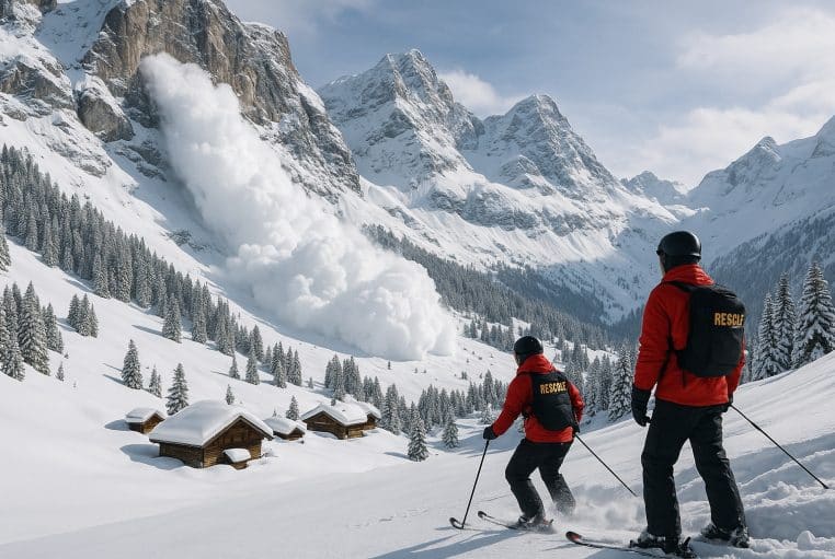 Secouristes à ski observant une avalanche dévalant un versant enneigé des Alpes, au-dessus de chalets de montagne.