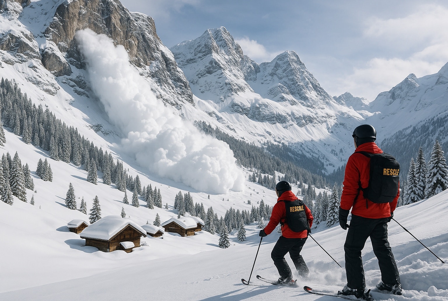 Secouristes à ski observant une avalanche dévalant un versant enneigé des Alpes, au-dessus de chalets de montagne.