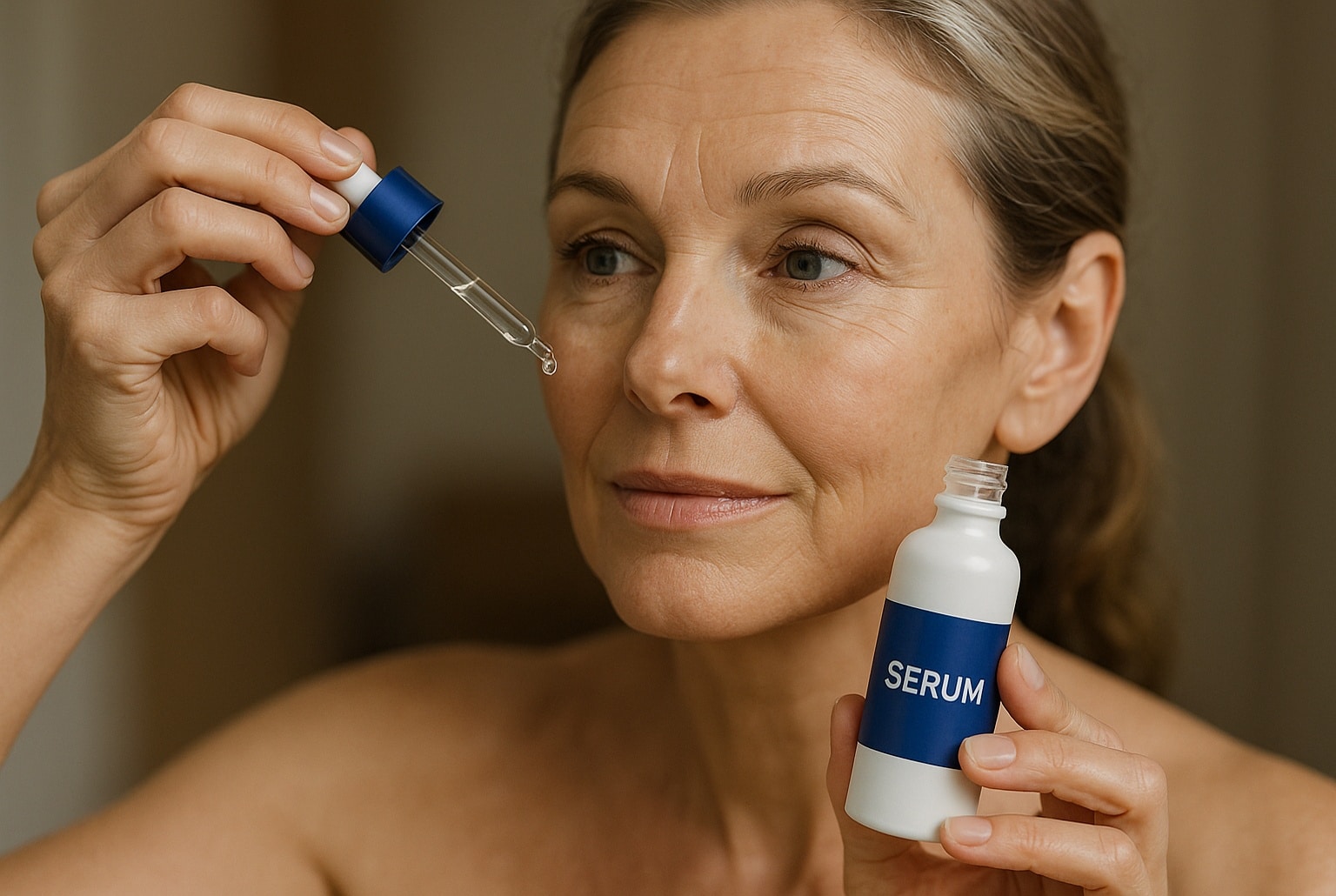 Femme d’âge mûr appliquant un sérum anti-rides sur sa joue avec une pipette, sur fond flou, peau lisse et lumineuse.