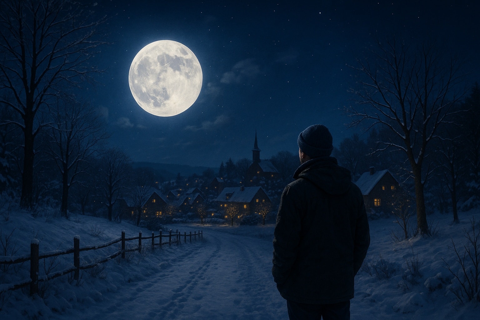 Homme emmitouflé observant une pleine lune géante au-dessus d’un village enneigé, ciel d’hiver bleu nuit étoilé.
