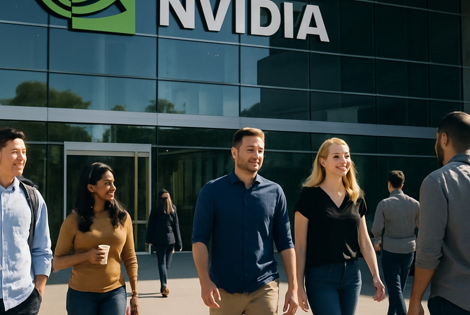 Devant le siège de Nvidia, des employés marchent et discutent, logo vert bien visible sur la grande façade vitrée.