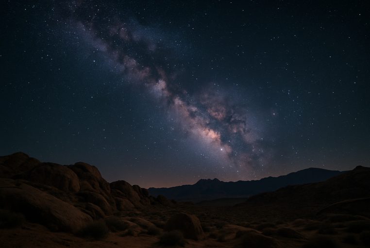 Voie lactée très lumineuse dans un ciel nocturne noir au-dessus d’un paysage désertique rocheux, sans aucune lumière artificielle.