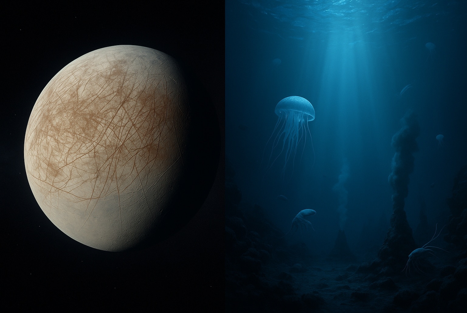 Illustration divisée en deux : à gauche la lune glacée Europe dans l’espace, à droite une vue immersive de son océan sombre avec sources hydrothermales