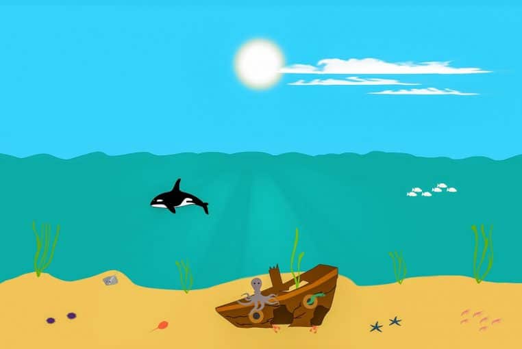 Illustration sous-marine montrant une orque nageant près de la coque d’un navire, avec poissons et faune marine dans une lumière bleu profond