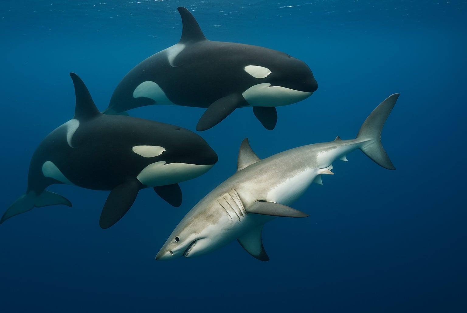 Trois orques encadrent un jeune grand requin blanc en pleine eau, lumière bleutée, silhouettes nettes et nageoires bien visibles.