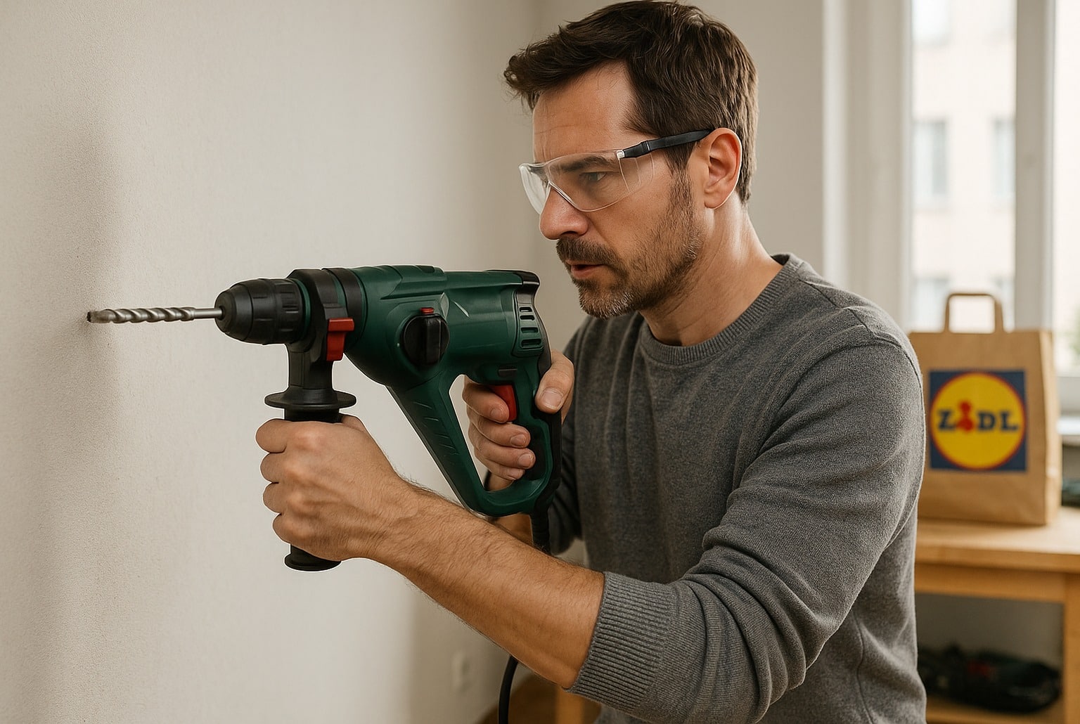 Bricoleur perçant un mur intérieur avec une perceuse verte type Parkside, plan serré horizontal, lunettes de protection visibles.