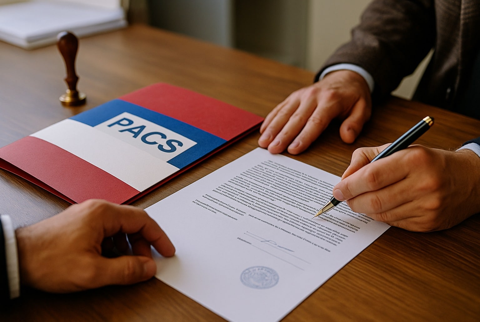 Deux personnes signent un document officiel de PACS sur un bureau en bois, dossier tricolore posé, stylo en main.