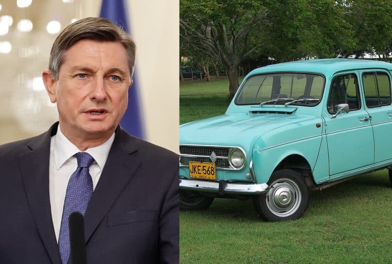 Portrait de Borut Pahor en costume à côté d’une Renault 4L turquoise sur pelouse, illustrant la vente caritative de voiture.