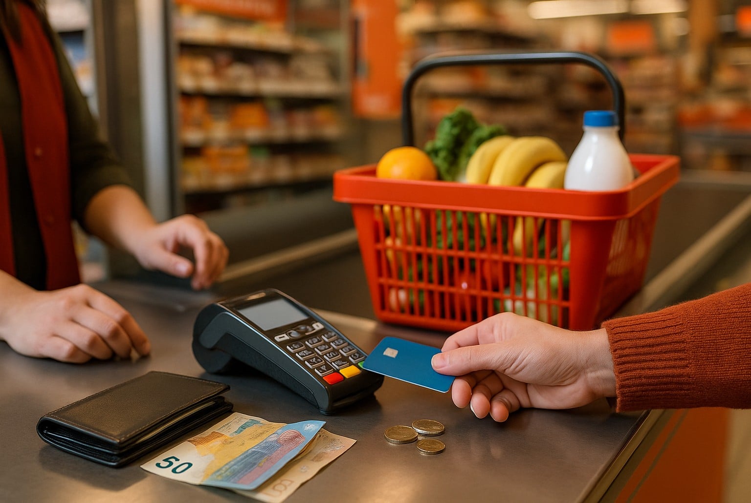 Client tendant une carte bancaire au terminal sur un tapis de caisse, avec panier de courses rempli et billets en euros posés devant lui.