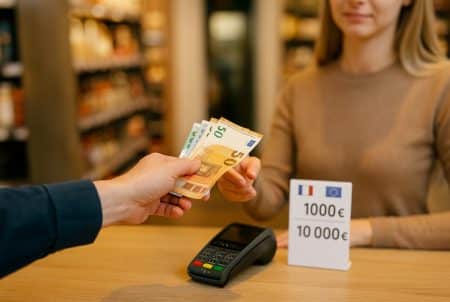 Client tendant plusieurs billets de 20 et 50 euros à une caissière dans une épicerie, avec un terminal bancaire et un panneau indiquant les plafonds de paiement en espèces.