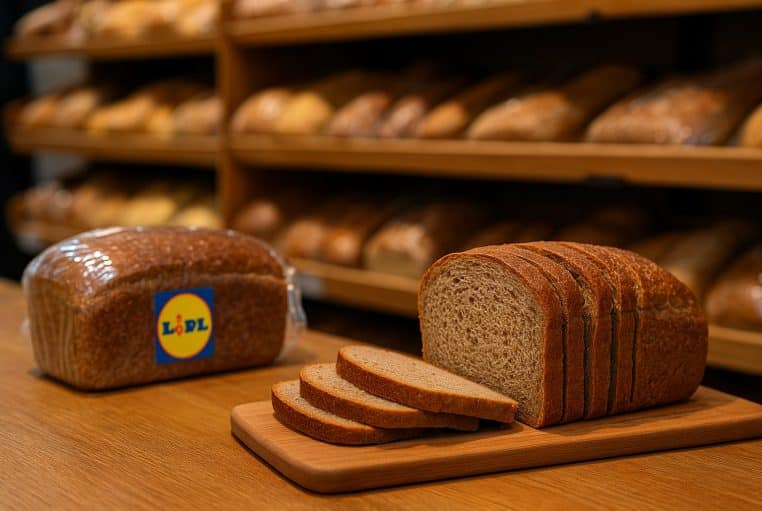 Pain complet tranché sur planche en bois dans une boulangerie Lidl, croûte dorée, mie dense, logo Lidl visible en arrière-plan.