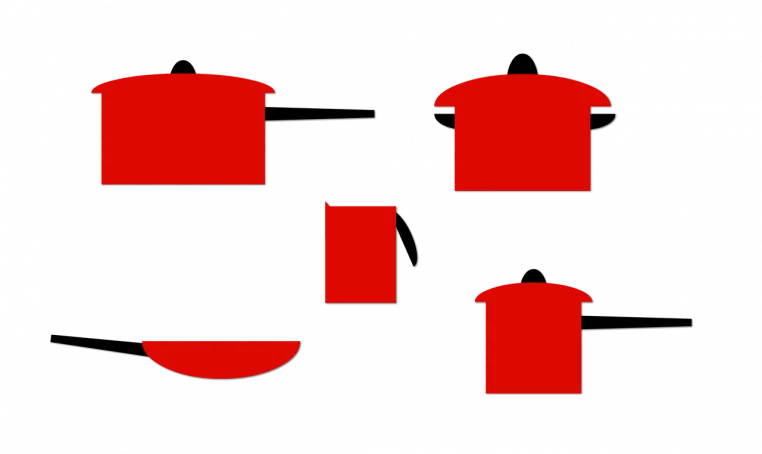 Illustration rouge de différentes casseroles et poêles stylisées, rappelant les ustensiles de cuisine destinés au recyclage.