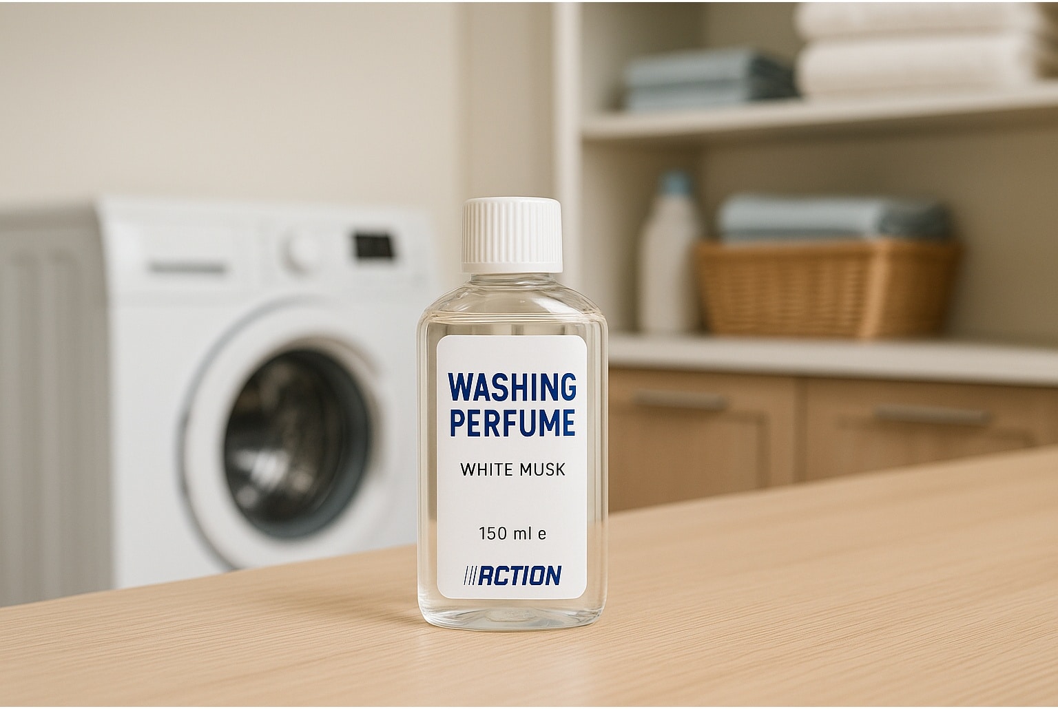 Flacon de parfum de linge au musc blanc siglé Action posé sur un plan de travail, devant une machine à laver dans une buanderie bien rangée.