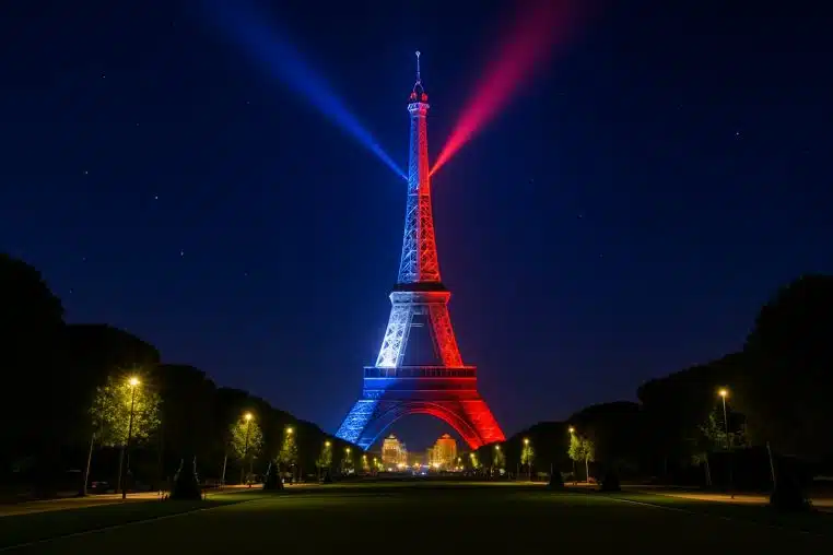 Vue nocturne idyllique du Champ-de-Mars, tour Eiffel illuminée en bleu blanc rouge rayonnant comme un phare sur Paris.