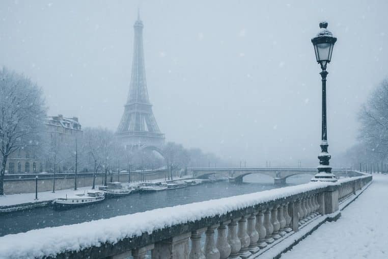 Vue hivernale de la tour Eiffel sous une neige dense, quais de Seine enneigés et lampadaire givré au premier plan.
