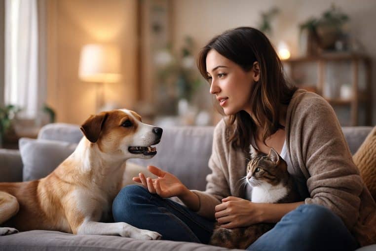 eune femme assise sur un canapé gris discutant avec son chien et son chat attentifs, illustrant un lien affectif fort.