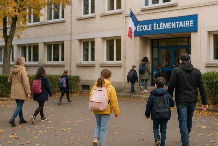 Lundi matin d’automne devant une école élémentaire : parents et enfants entrent, feuilles au sol, drapeau français au fronton.