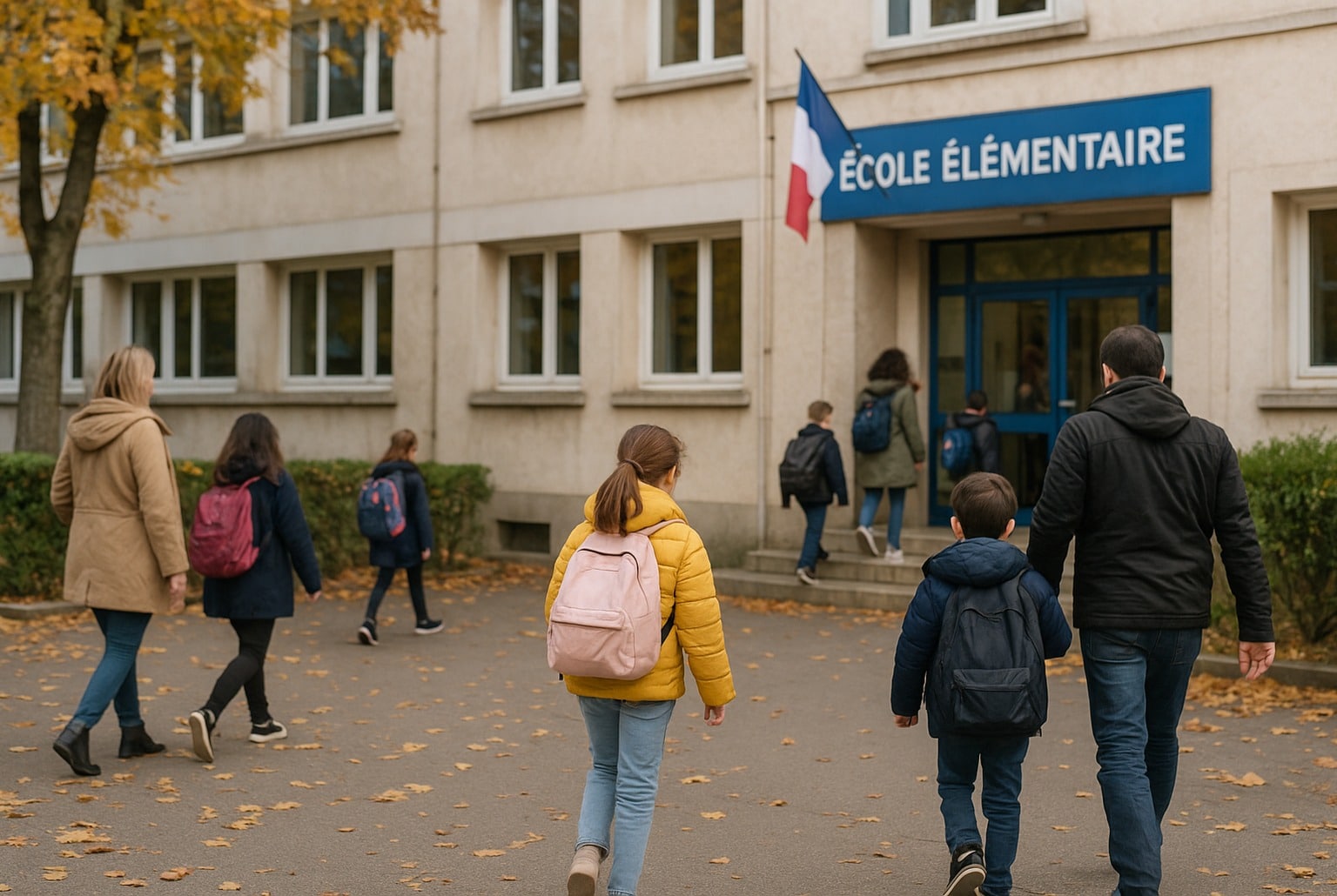 Lundi matin d’automne devant une école élémentaire : parents et enfants entrent, feuilles au sol, drapeau français au fronton.