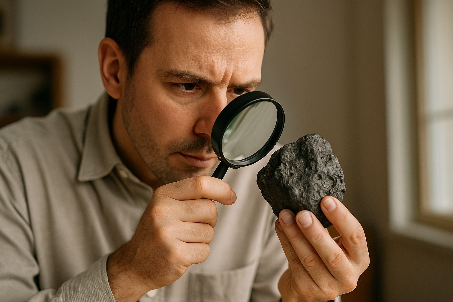 Homme concentré observant de très près un morceau de météorite sombre avec une loupe, posé dans une pièce éclairée par la lumière du jour.