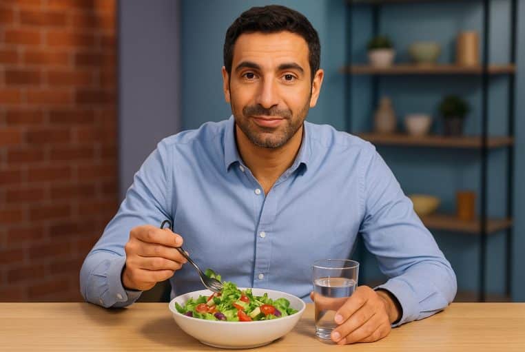 Homme souriant assis à une table, mangeant une salade colorée avec un verre d’eau, illustrant un repas léger dans une routine équilibrée.