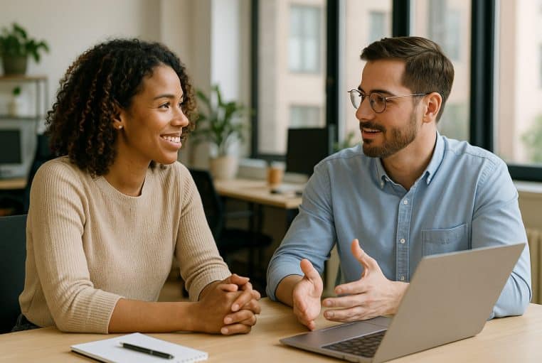 Deux collègues discutent dans un bureau lumineux, regards souriants et postures ouvertes, ambiance propice à l’écoute active.