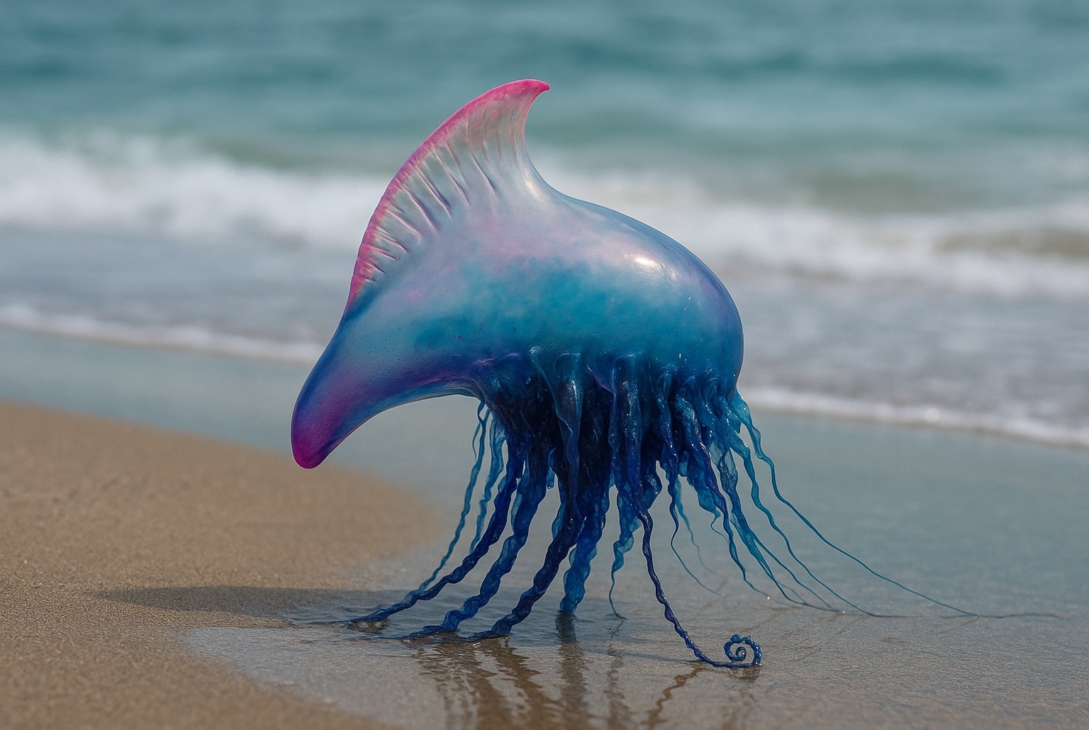 Physalie aux reflets bleus et roses échouée sur une plage japonaise, ses longs tentacules bleus s’étirant sur le sable humide.