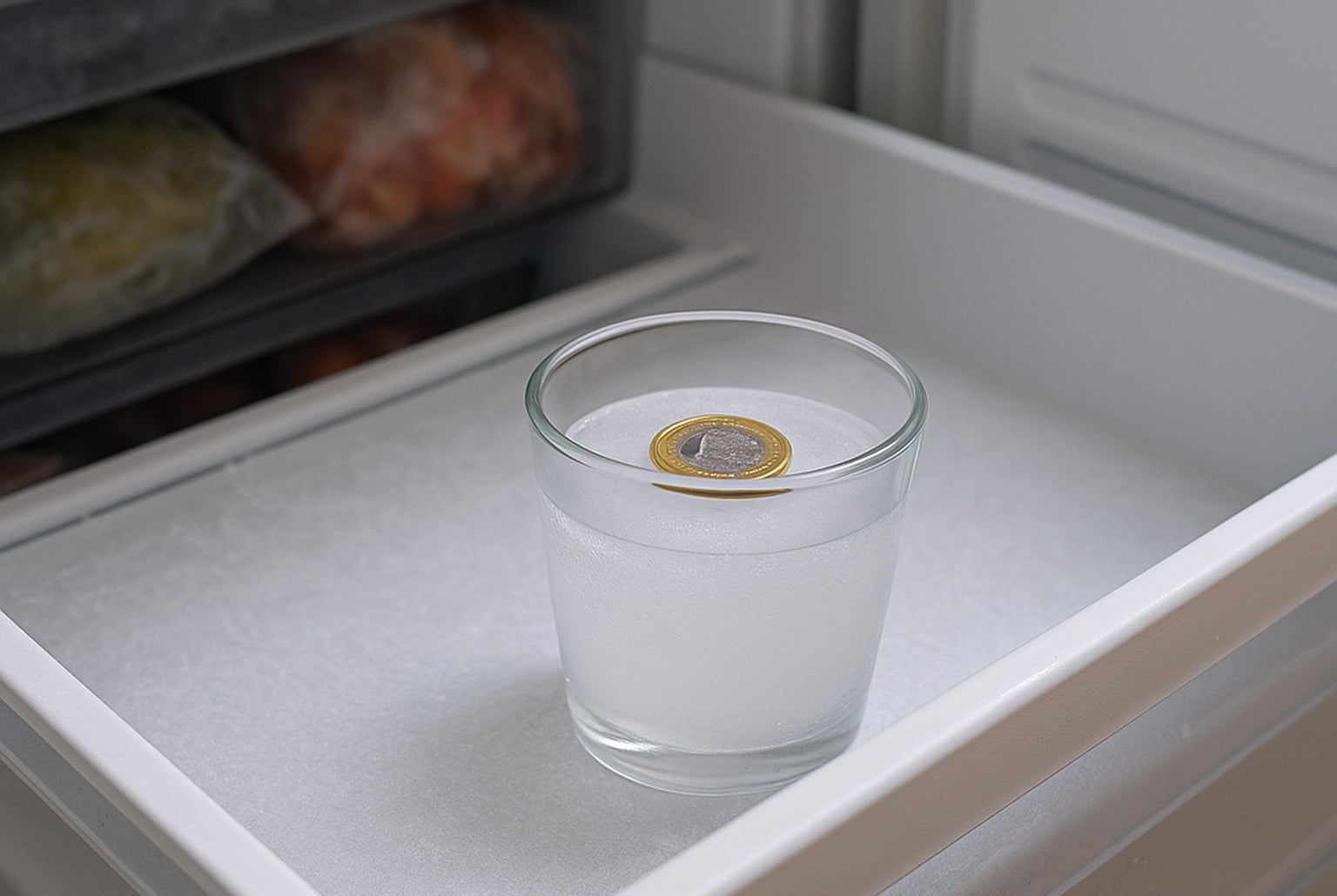 Gros plan d’un tiroir de congélateur ouvert, avec un verre glacé et une pièce d’un euro posée au-dessus de la glace.