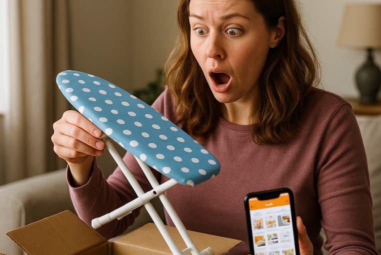 Jeune femme stupéfaite découvrant une minuscule planche à repasser en ouvrant un colis posé sur une table dans son salon.