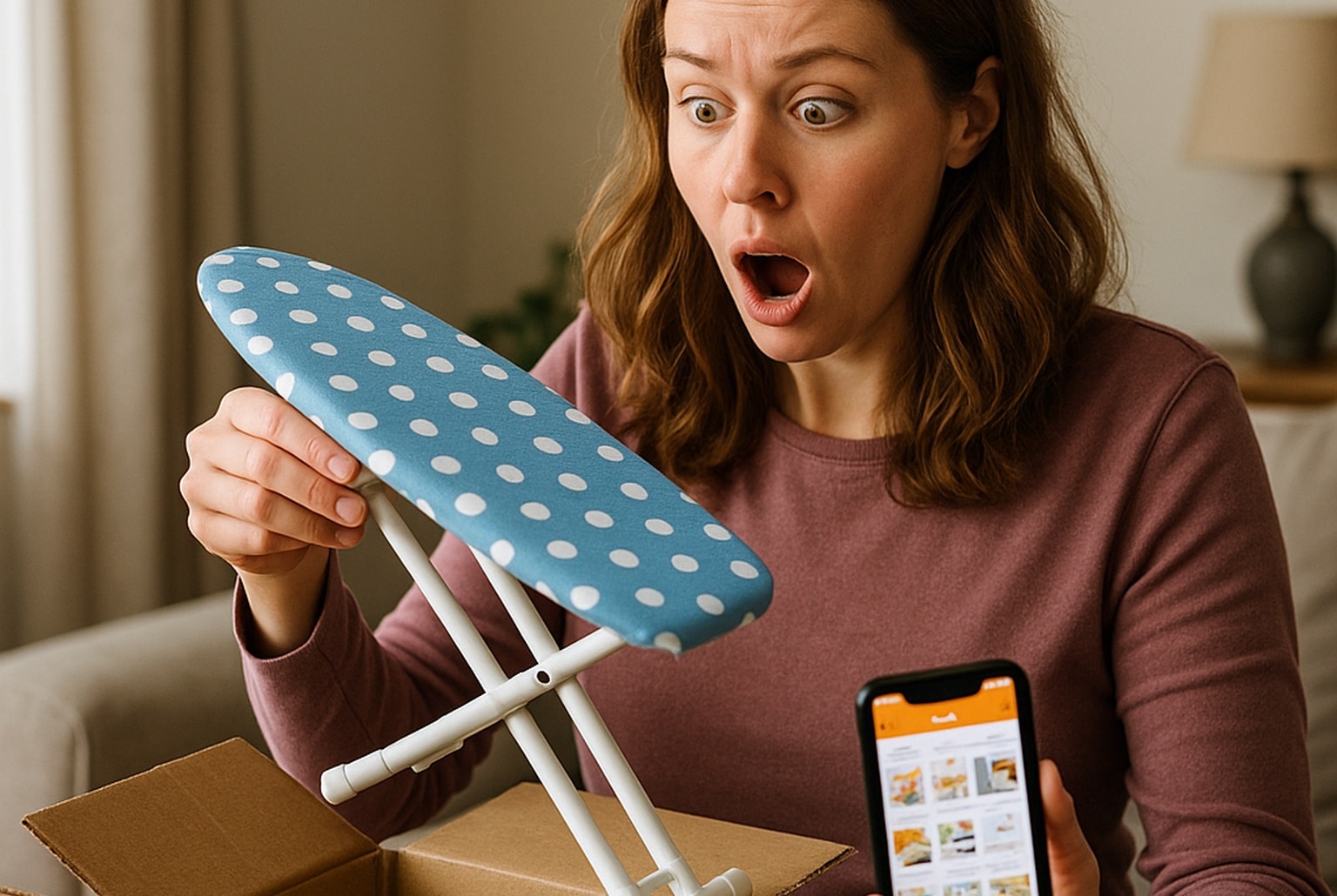 Jeune femme stupéfaite découvrant une minuscule planche à repasser en ouvrant un colis posé sur une table dans son salon.