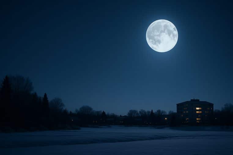 Super pleine lune d’hiver très brillante au-dessus d’un paysage enneigé et d’immeubles éclairés dans un ciel nocturne bleu