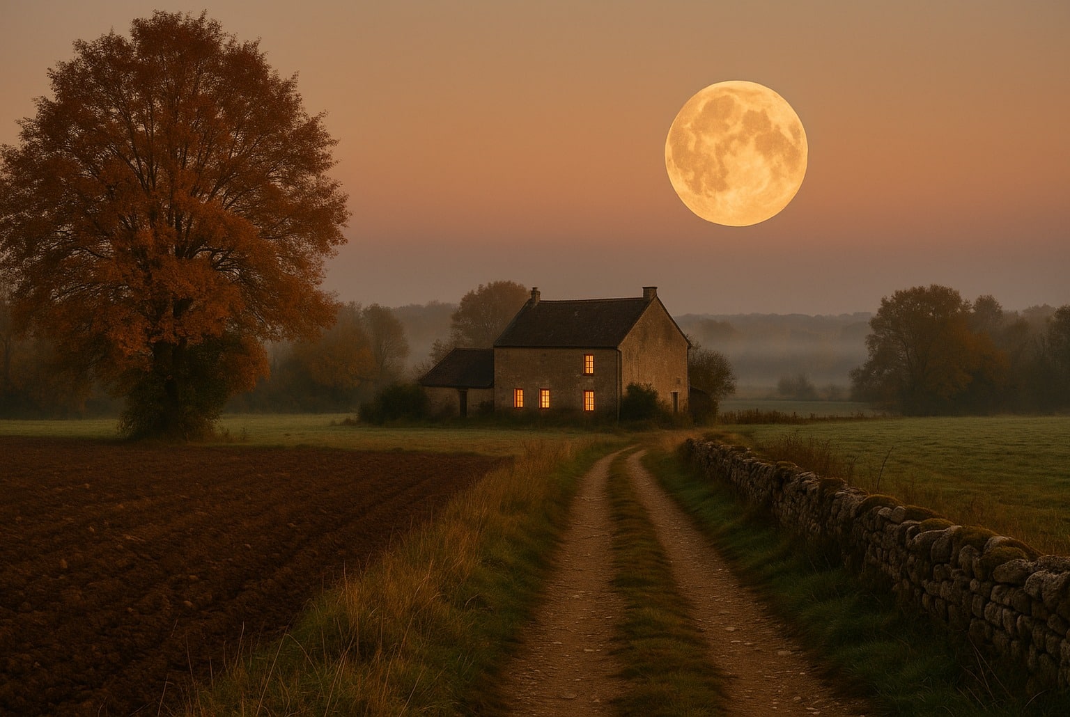 Paysage rural d’automne avec pleine Lune dorée à l’horizon, ferme en pierre éclairée, brume légère et ciel pastel.