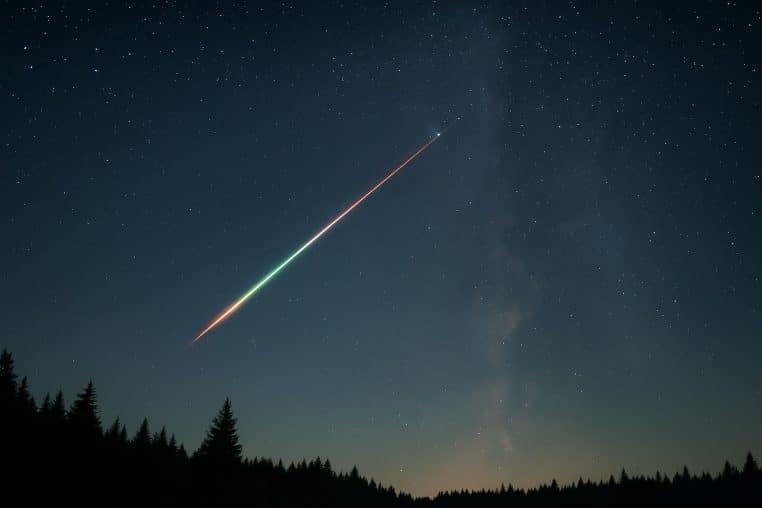 Un météore coloré fend en diagonale un ciel nocturne très étoilé au-dessus d’une forêt sombre, illustrant la pluie des Léonides.