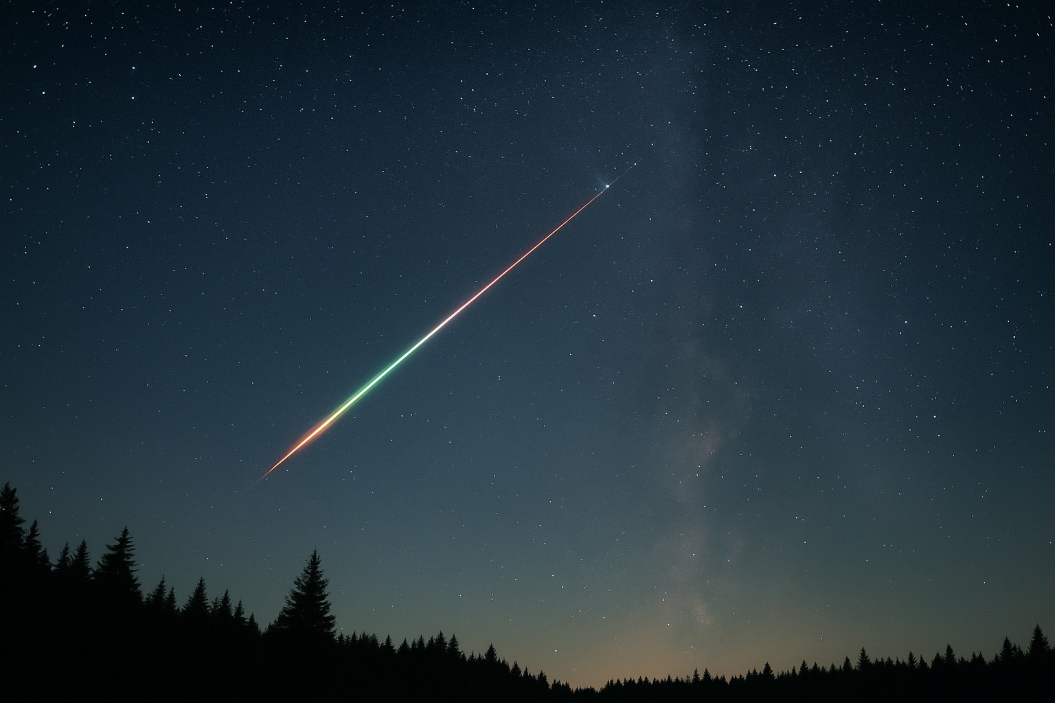 Un météore coloré fend en diagonale un ciel nocturne très étoilé au-dessus d’une forêt sombre, illustrant la pluie des Léonides.