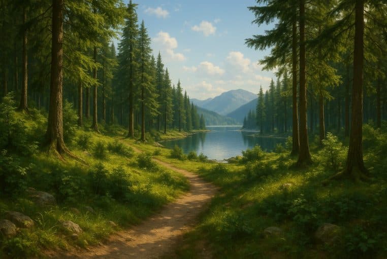 Chemin de randonnée traversant une forêt de conifères verdoyante et menant à un lac calme entouré de montagnes.