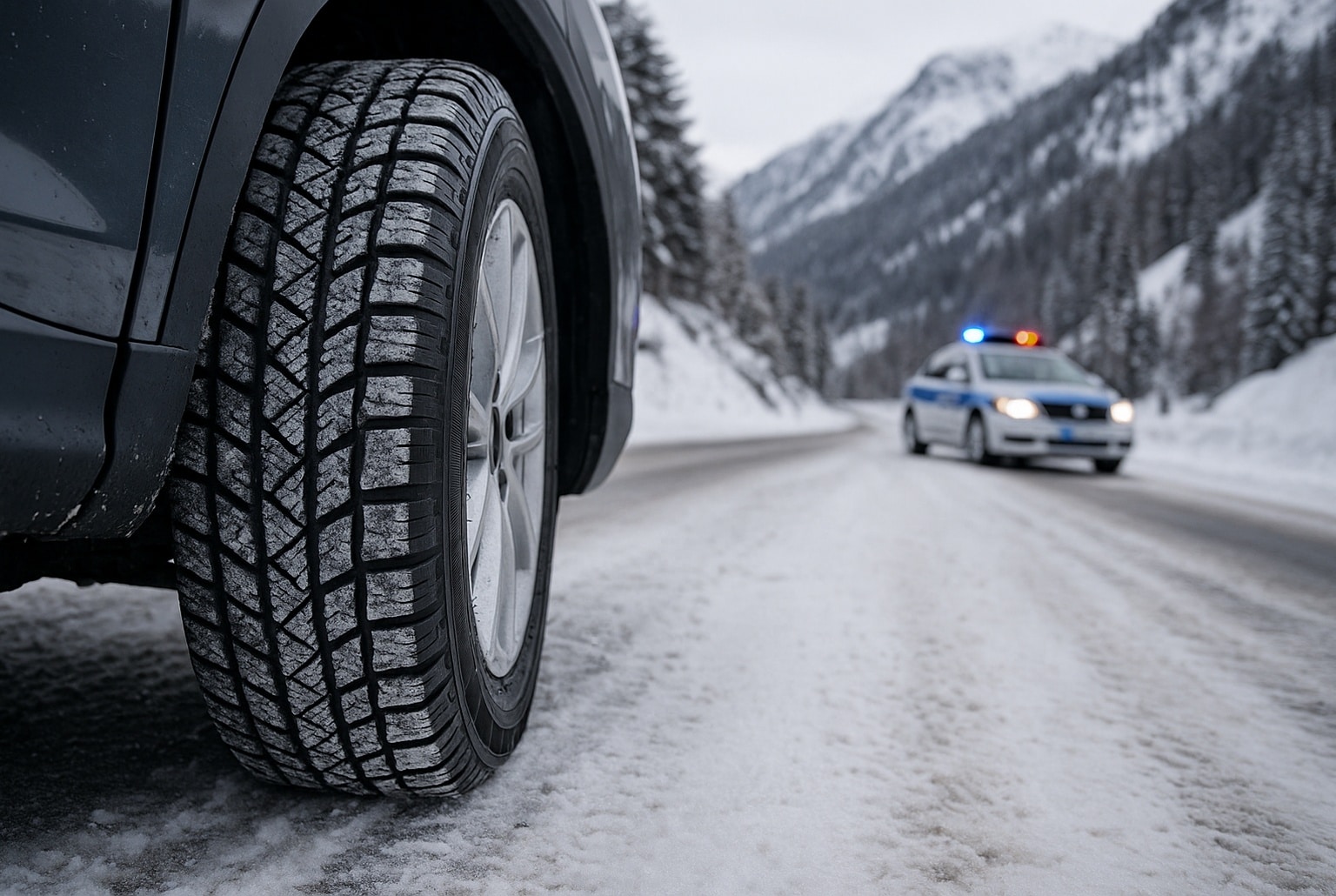 Gros plan sur un pneu hiver roulant sur une route de montagne enneigée, tandis qu’une voiture de police floue s’approche au loin sur la chaussée.