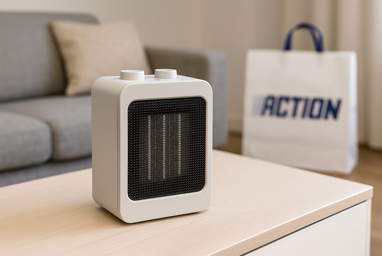 Petit poêle en céramique posé sur une table basse dans un salon moderne, avec un sac de courses Action flou en arrière-plan.