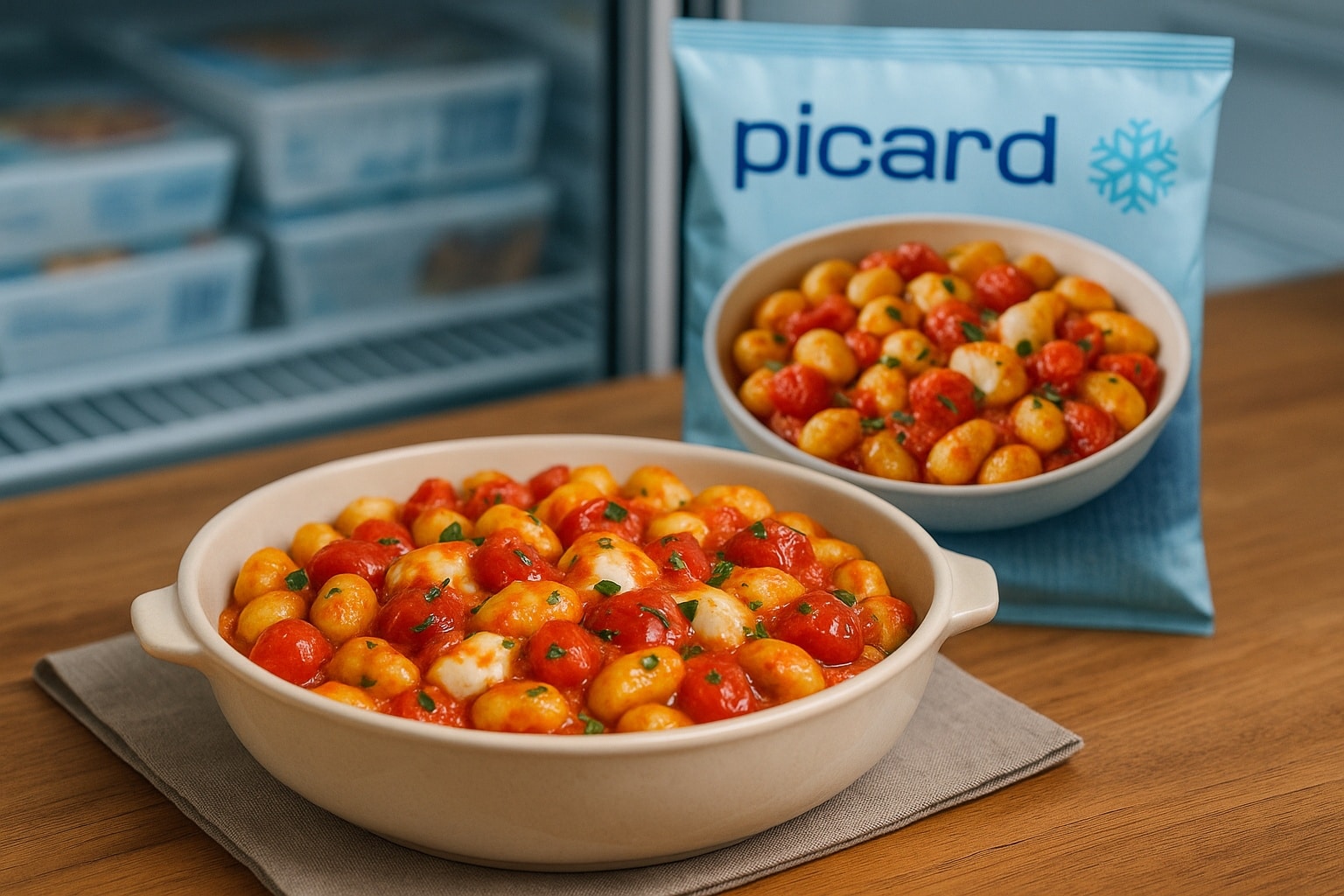 Plat familial de gnocchis à la tomate et mozzarella bien gratinés, servi dans un plat en céramique devant un sachet de surgelés posé près d’un congélateur.