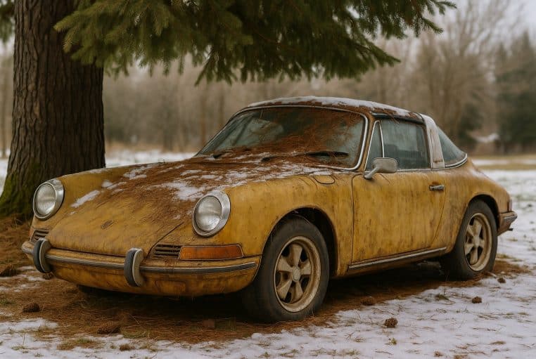 Porsche 911 Targa jaune abandonnée sous un grand sapin, recouverte d’aiguilles de pin et de neige dans un paysage hivernal.