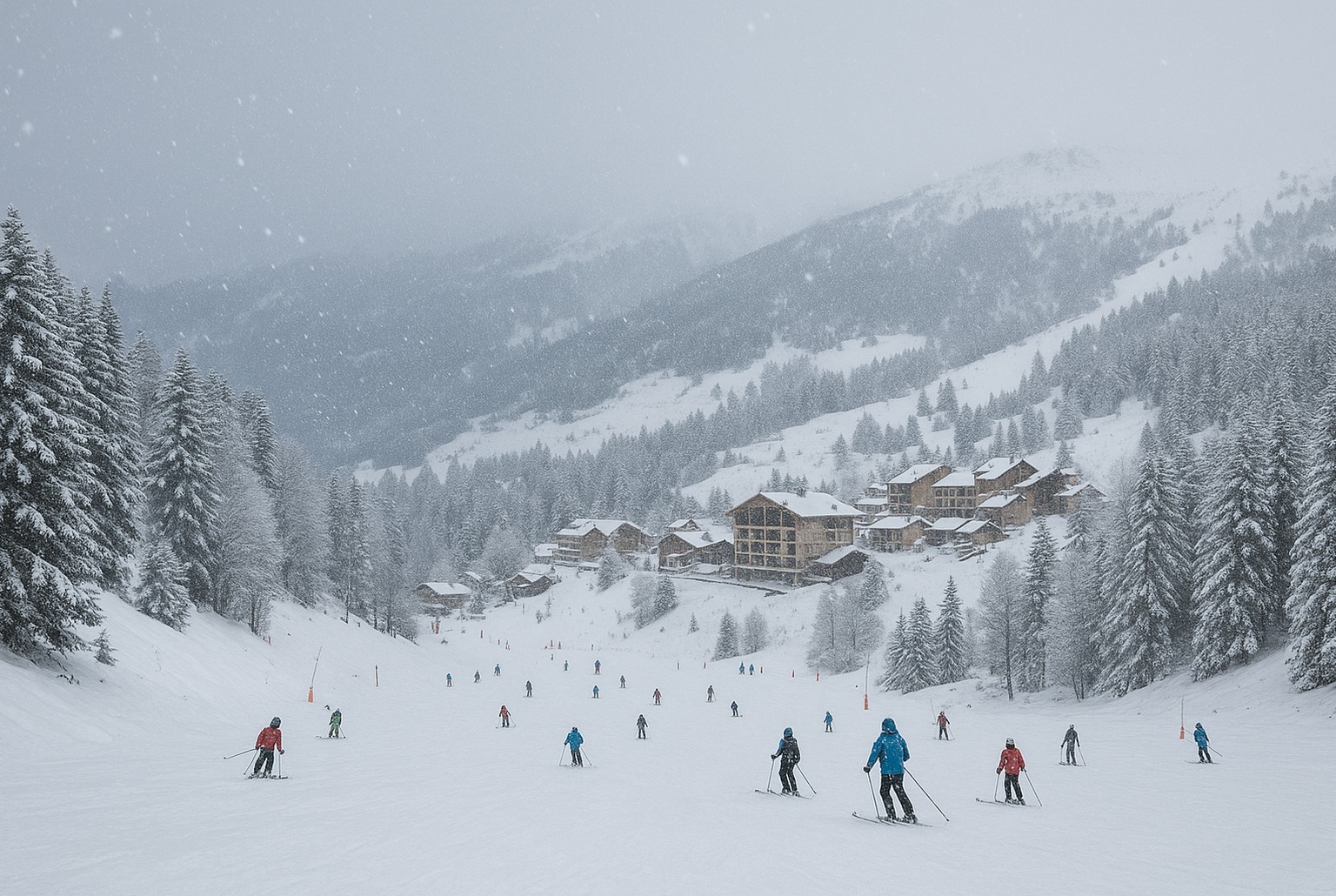Skieurs sur une large piste d’Ax 3 Domaines sous la neige, village au pied des sommets et sapins poudrés en arrière-plan.