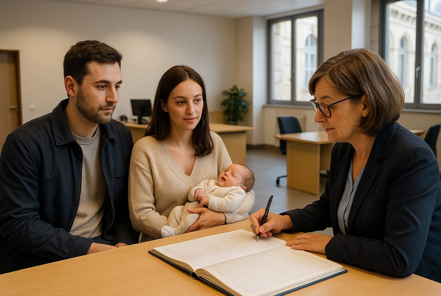 Jeunes parents déclarant la naissance en mairie, l’agente d’état civil inscrit le prénom dans un grand registre ouvert.