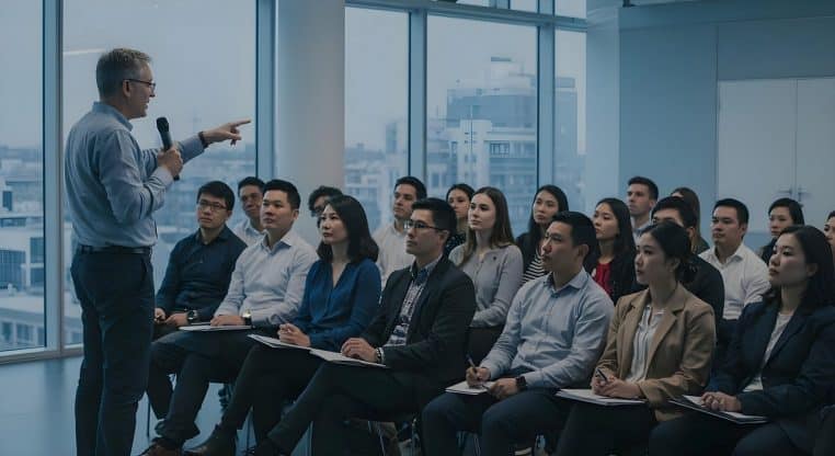 Illustration d’un conférencier en costume présentant un graphique devant des salariés assis, dans une salle de réunion vitrée avec vue sur la ville.