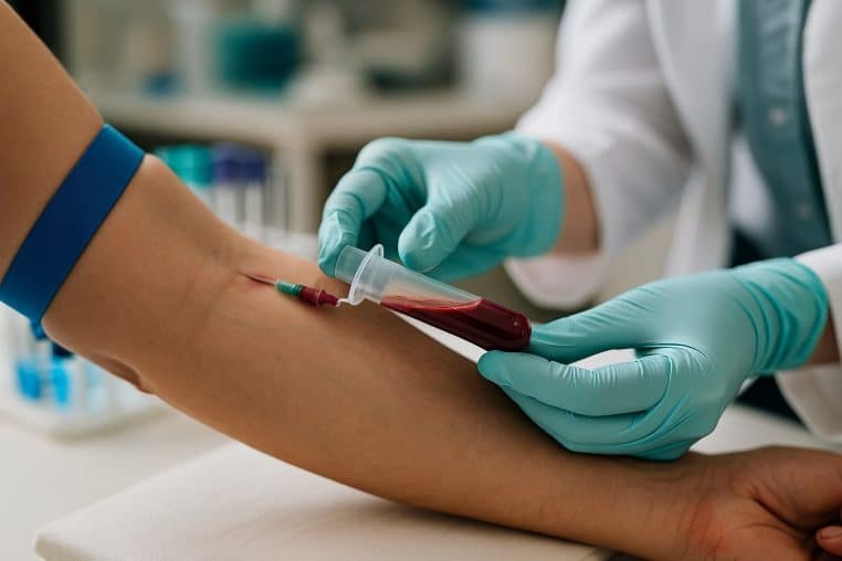 Médecin en gants bleus recueillant du sang avec une seringue au pli du coude d’un patient, dans un laboratoire lumineux.
