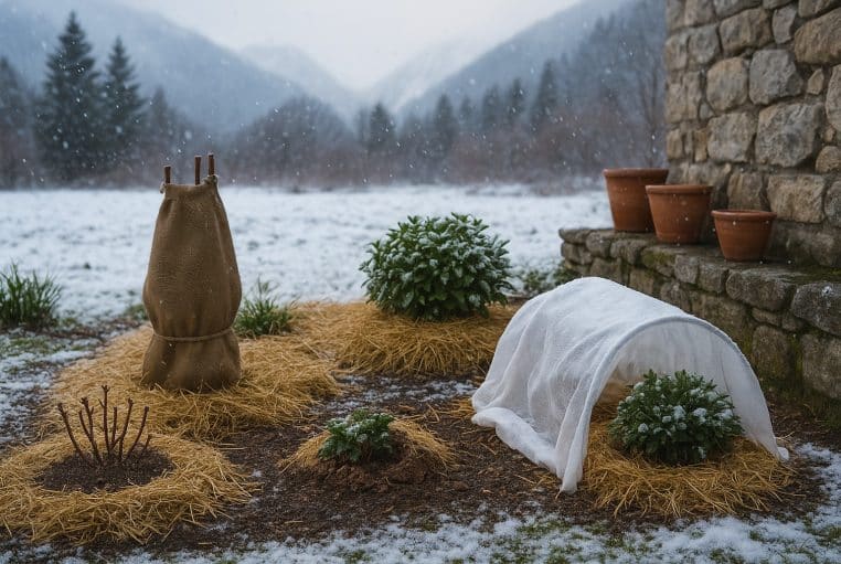 Jardin de montagne enneigé : vivaces paillées, cône de jute et mini-tunnel en voile d’hivernage protègent les pieds du gel.