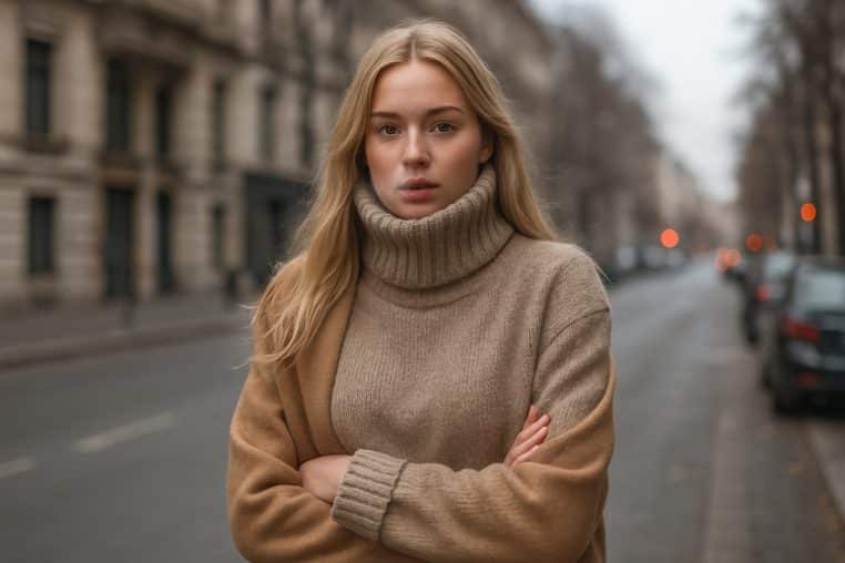Jeune femme blonde en pull col roulé beige et manteau camel, bras croisés, dans une rue européenne hivernale floue.